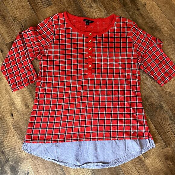 Tommy Hilfiger Women's Red Plaid 3/4 Sleeve Top L - Picture 7 of 8